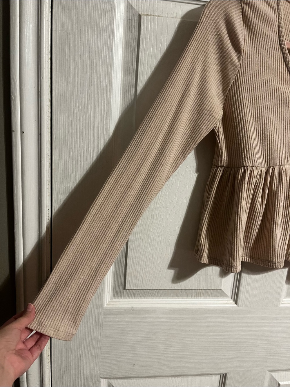 Altar'd State | Taupe Ribbed V-Neck Peplum Top - Sz Medium - Picture 2 of 9